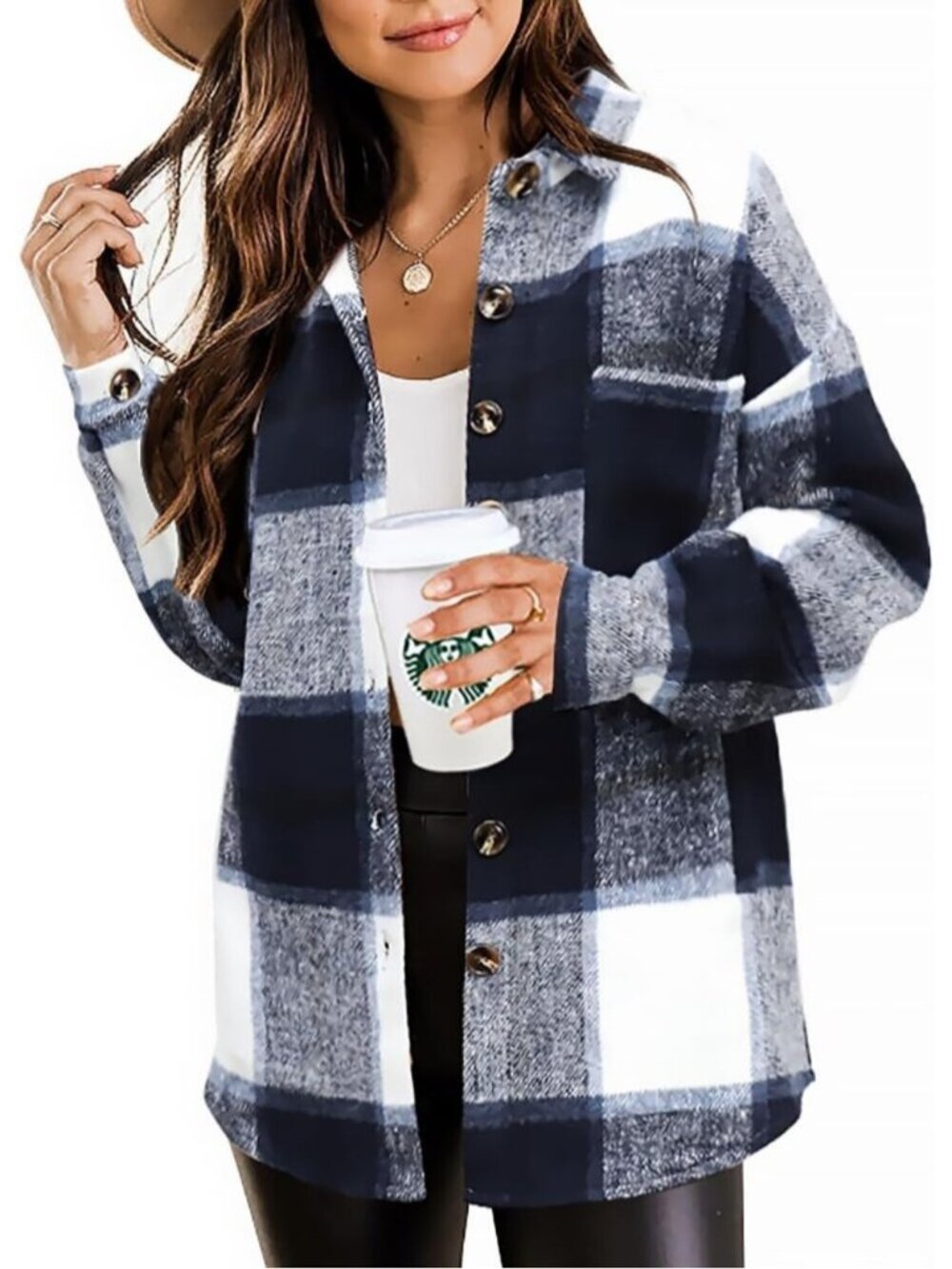 Women's Dark Blue Fall Plaid Long Sleeve Bust Pocket Button Down Flannel Shacket